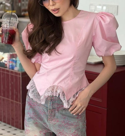 Puff Sleeve Plain Lace Panel Asymmetric Hem Slim-Fit Blouse