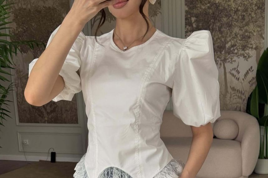 Puff Sleeve Plain Lace Panel Asymmetric Hem Slim-Fit Blouse