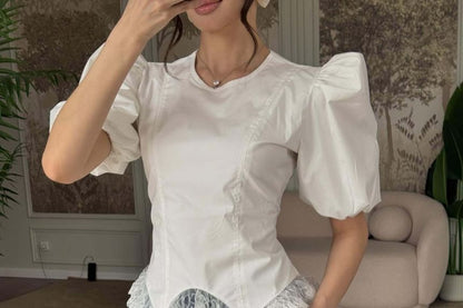 Puff Sleeve Plain Lace Panel Asymmetric Hem Slim-Fit Blouse
