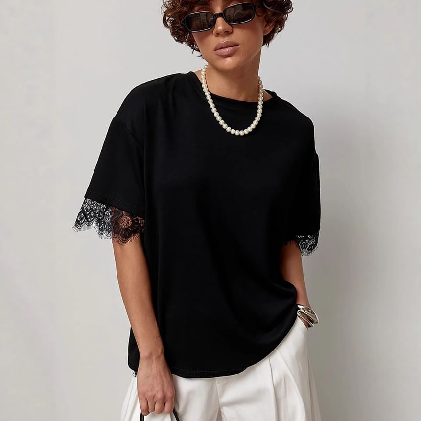 Short Sleeve Crew Neck Plain Lace Panel Loose-Fit T-Shirt