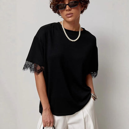 Short Sleeve Crew Neck Plain Lace Panel Loose-Fit T-Shirt