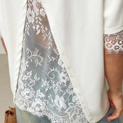 Short Sleeve Crew Neck Plain Lace Panel Loose-Fit T-Shirt