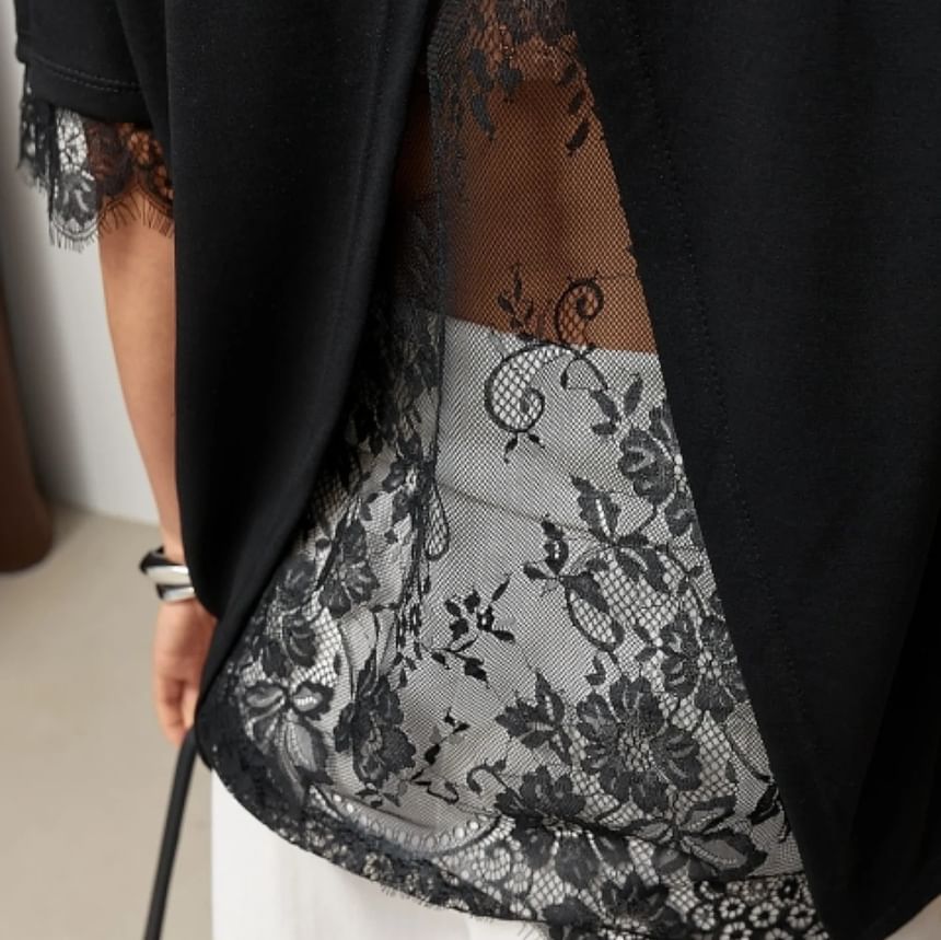 Short Sleeve Crew Neck Plain Lace Panel Loose-Fit T-Shirt