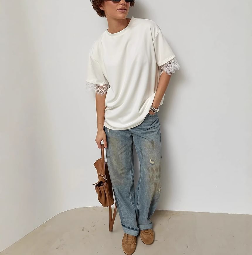Short Sleeve Crew Neck Plain Lace Panel Loose-Fit T-Shirt