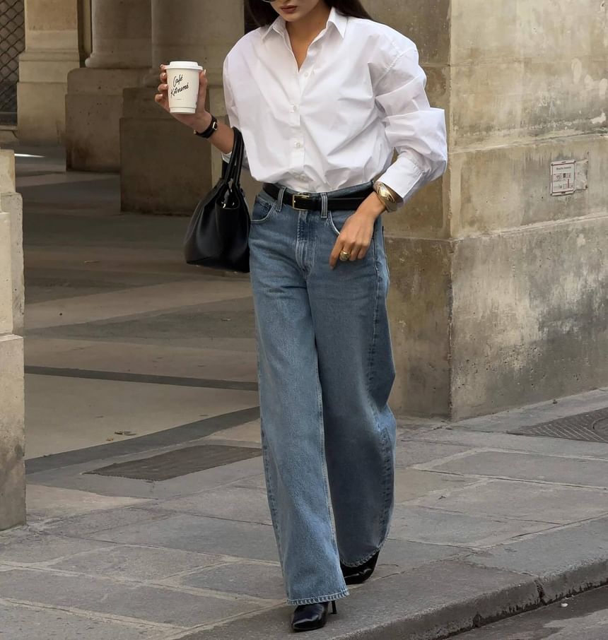 Long Sleeve Plain Loose-Fit Shirt