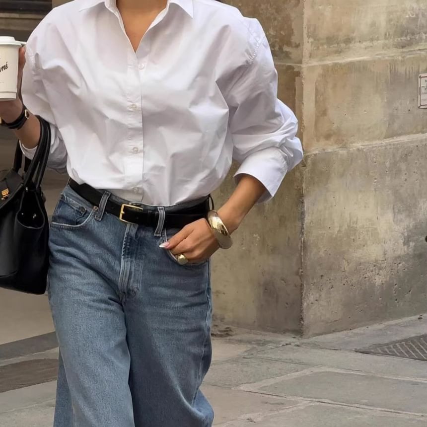 Long Sleeve Plain Loose-Fit Shirt