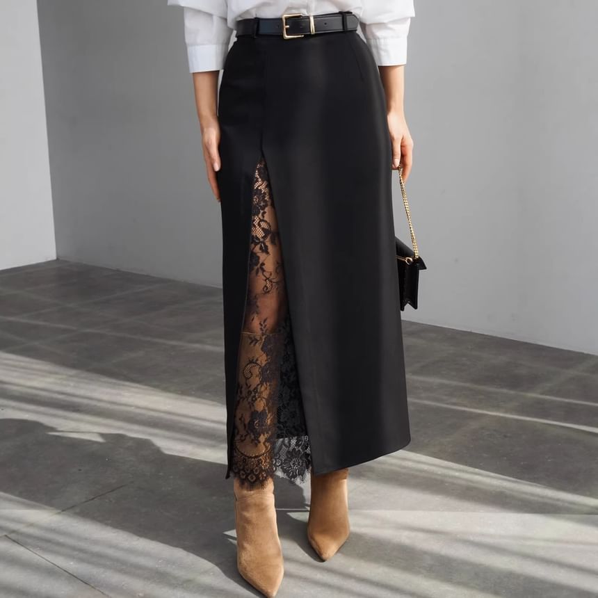 High Waist Lace Panel Maxi A-Line Skirt