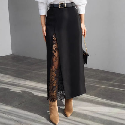 High Waist Lace Panel Maxi A-Line Skirt