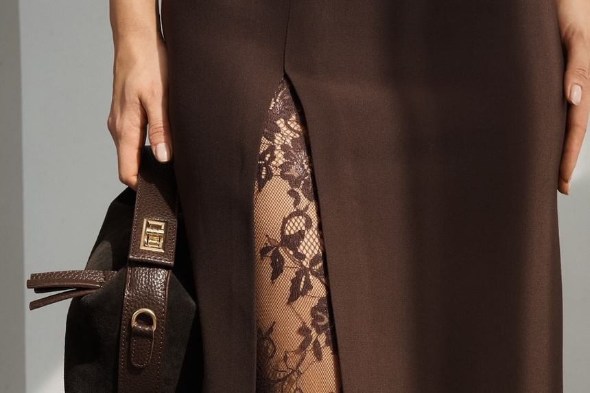 High Waist Lace Panel Maxi A-Line Skirt