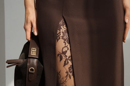 High Waist Lace Panel Maxi A-Line Skirt