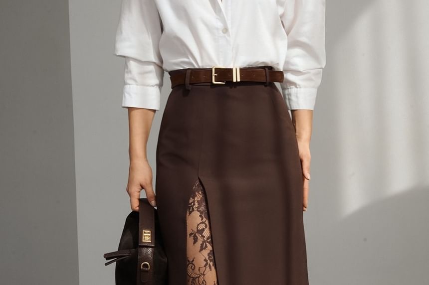 High Waist Lace Panel Maxi A-Line Skirt