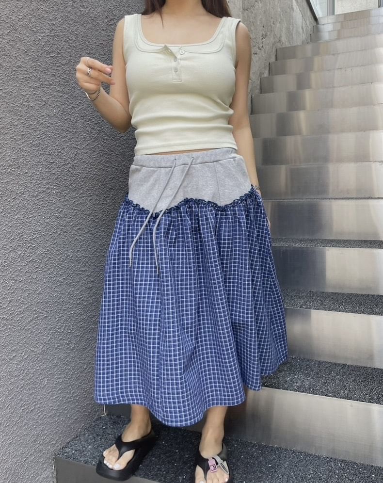High Waist Color Block Checked Panel Midi A-Line Skirt