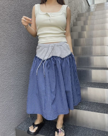 High Waist Color Block Checked Panel Midi A-Line Skirt