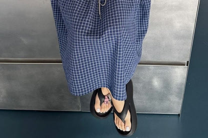 High Waist Color Block Checked Panel Midi A-Line Skirt