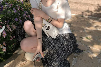 Short-Sleeve Crew Neck Plain T-Shirt / High Waist Plaid Asymmetrical Mini A-Line Skirt