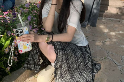 Short-Sleeve Crew Neck Plain T-Shirt / High Waist Plaid Asymmetrical Mini A-Line Skirt