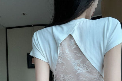 Short-Sleeve Crew Neck Plain Lace Back Crop T-Shirt