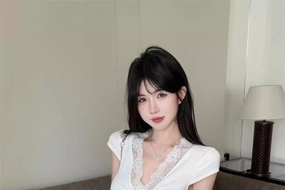 Cap-Sleeve V-Neck Plain Lace Trim Crop T-Shirt