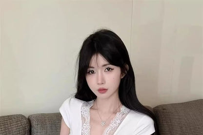 Cap-Sleeve V-Neck Plain Lace Trim Crop T-Shirt