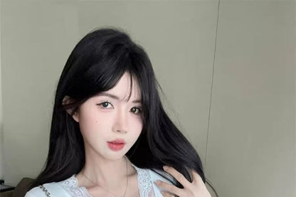 Cap-Sleeve V-Neck Plain Lace Trim Crop T-Shirt