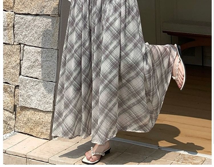 High Waist Plaid Gathered Panel Maxi A-Line Skirt