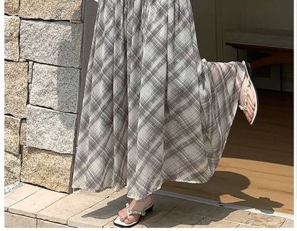 High Waist Plaid Gathered Panel Maxi A-Line Skirt