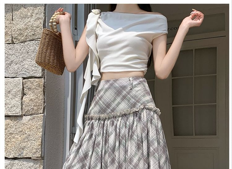 High Waist Plaid Gathered Panel Maxi A-Line Skirt