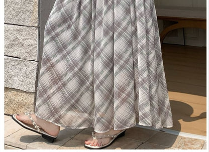 High Waist Plaid Gathered Panel Maxi A-Line Skirt