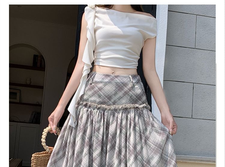 High Waist Plaid Gathered Panel Maxi A-Line Skirt