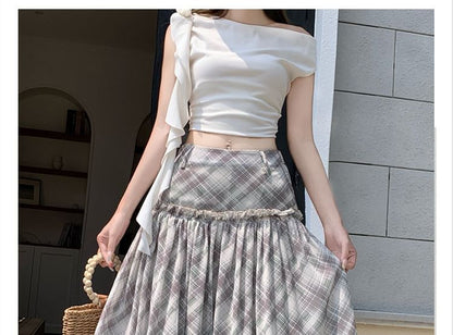 High Waist Plaid Gathered Panel Maxi A-Line Skirt