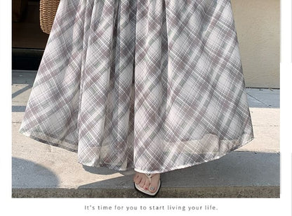 High Waist Plaid Gathered Panel Maxi A-Line Skirt