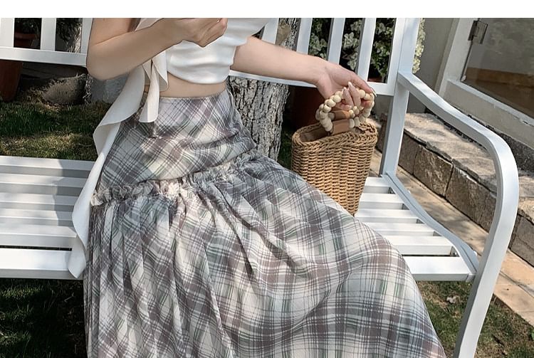 High Waist Plaid Gathered Panel Maxi A-Line Skirt
