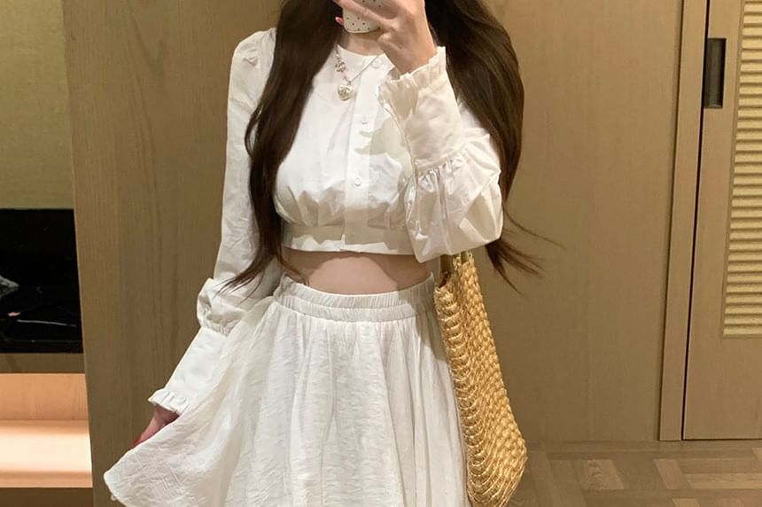 Elastic Waist Plain Asymmetrical Panel Lace Midi A-Line Skirt