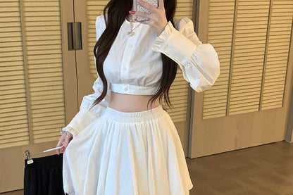 Elastic Waist Plain Asymmetrical Panel Lace Midi A-Line Skirt