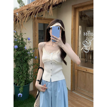 Lace Panel Ribbed Button-Up Knit Crop Camisole Top