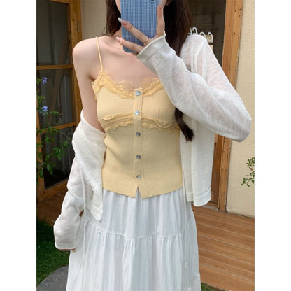 Lace Panel Ribbed Button-Up Knit Crop Camisole Top