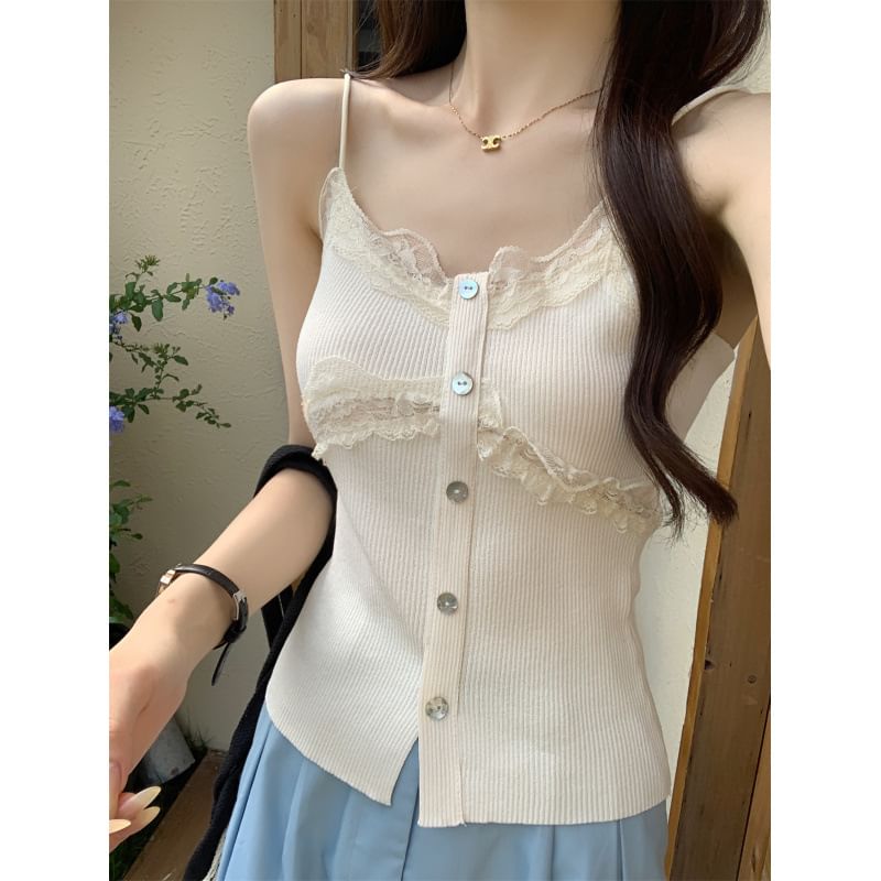 Lace Panel Ribbed Button-Up Knit Crop Camisole Top