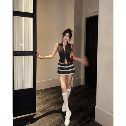 Collared Polka Dot Tie Front Slit Crop Tank Top / Low Rise Lace Panel Tiered Mini A-Line Skirt