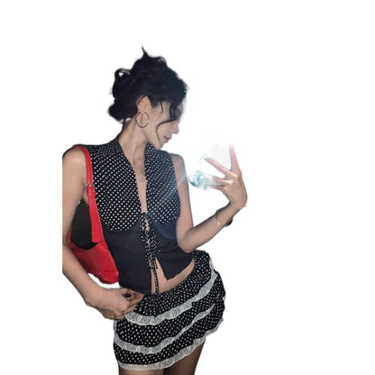 Collared Polka Dot Tie Front Slit Crop Tank Top / Low Rise Lace Panel Tiered Mini A-Line Skirt