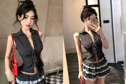 Collared Polka Dot Tie Front Slit Crop Tank Top / Low Rise Lace Panel Tiered Mini A-Line Skirt