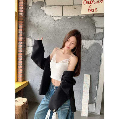 Mock Two-Piece V-Neck Lace Panel Crop Camisole Top
