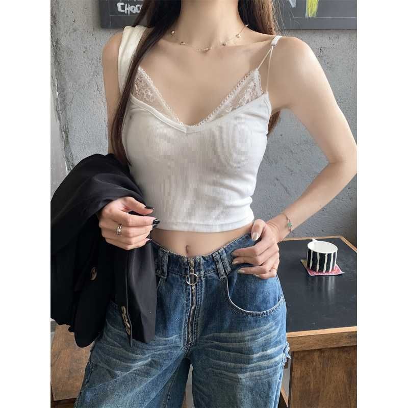 Mock Two-Piece V-Neck Lace Panel Crop Camisole Top