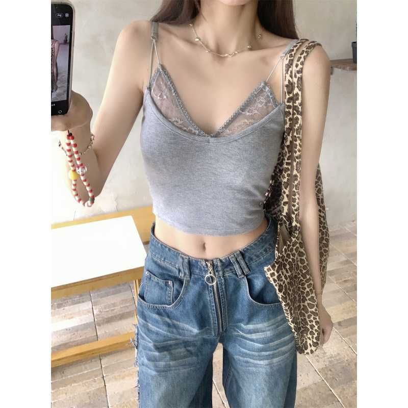 Mock Two-Piece V-Neck Lace Panel Crop Camisole Top