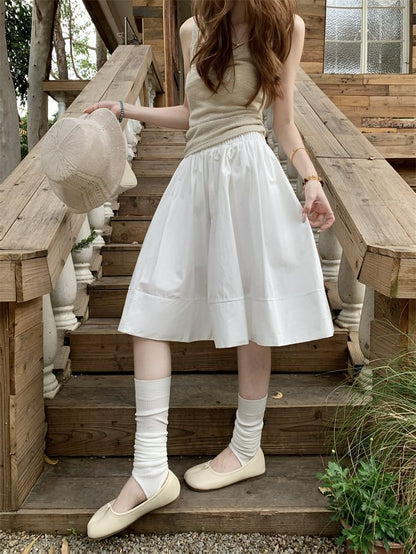 High Waist Plain Midi A-Line Skirt