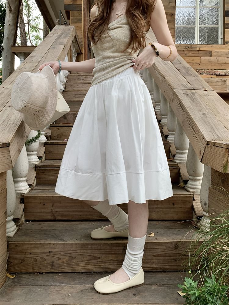 High Waist Plain Midi A-Line Skirt
