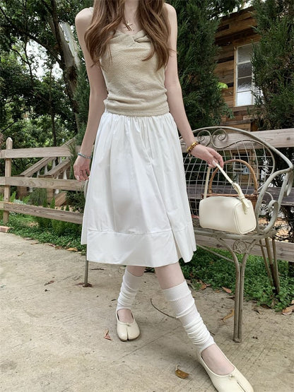 High Waist Plain Midi A-Line Skirt