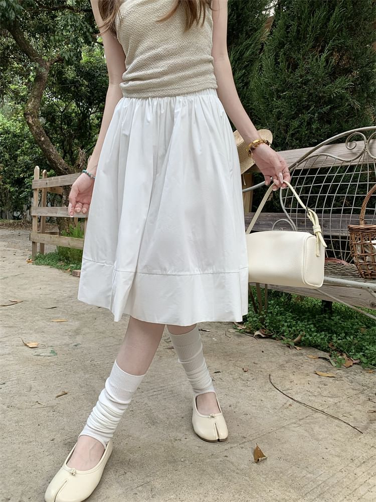 High Waist Plain Midi A-Line Skirt