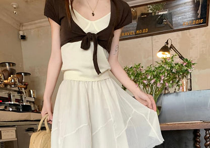 High Waist Contrast Trim Midi A-Line Layered Skirt