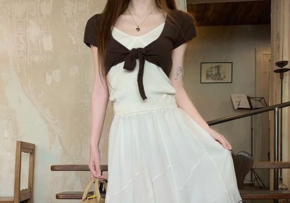 High Waist Contrast Trim Midi A-Line Layered Skirt