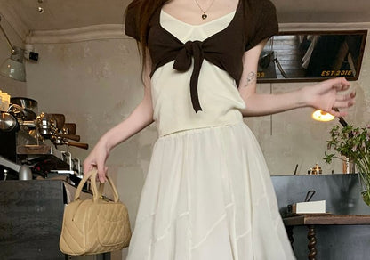 High Waist Contrast Trim Midi A-Line Layered Skirt